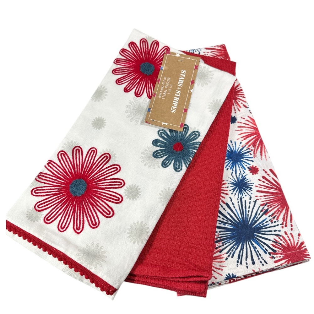 NEW Stars & Stripes FESTIVE 4th Of JULY Kitchen Towel Set/3